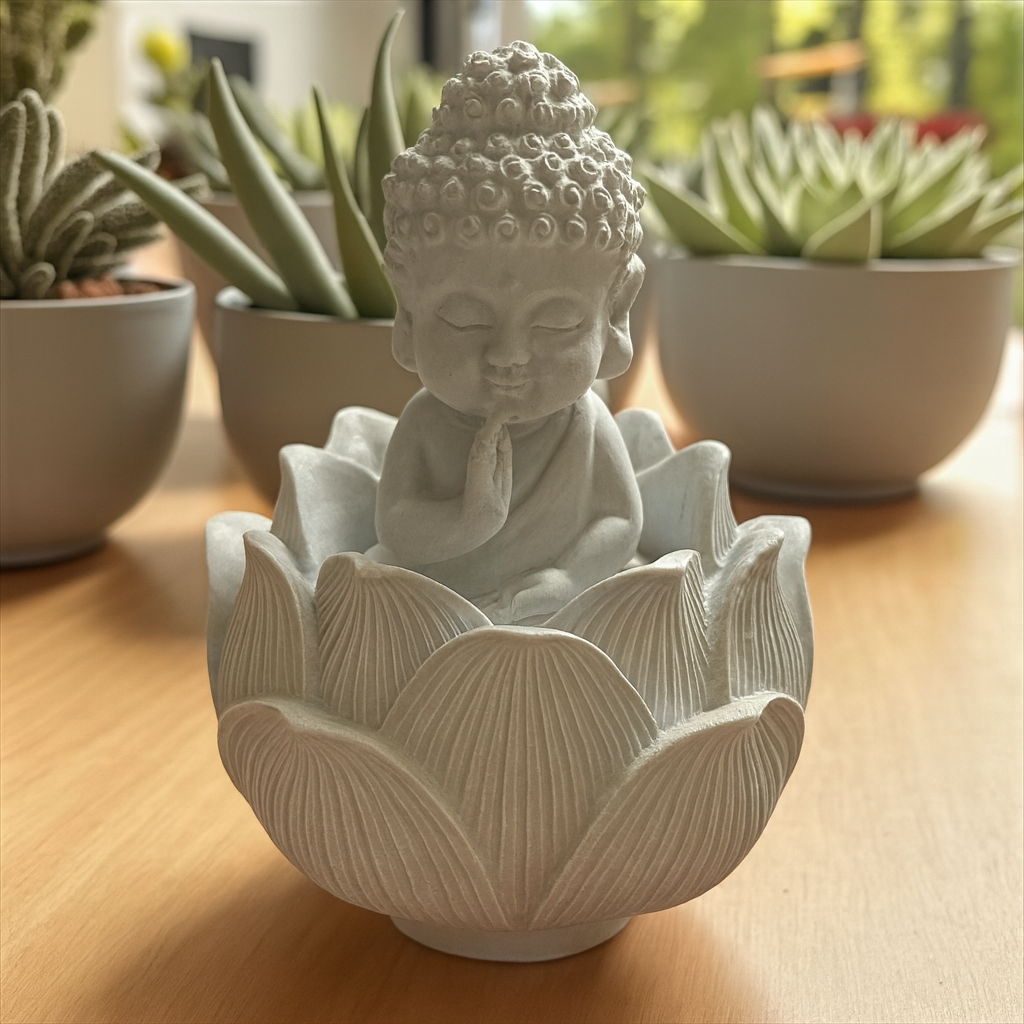 Bouddha Lotus - Gris clair décoratif & diffuseur de parfum en Jesmonite. Fait main en France. Compatible avec nos fondants parfumés liquides. -20 % sur le fondant ajouté !
