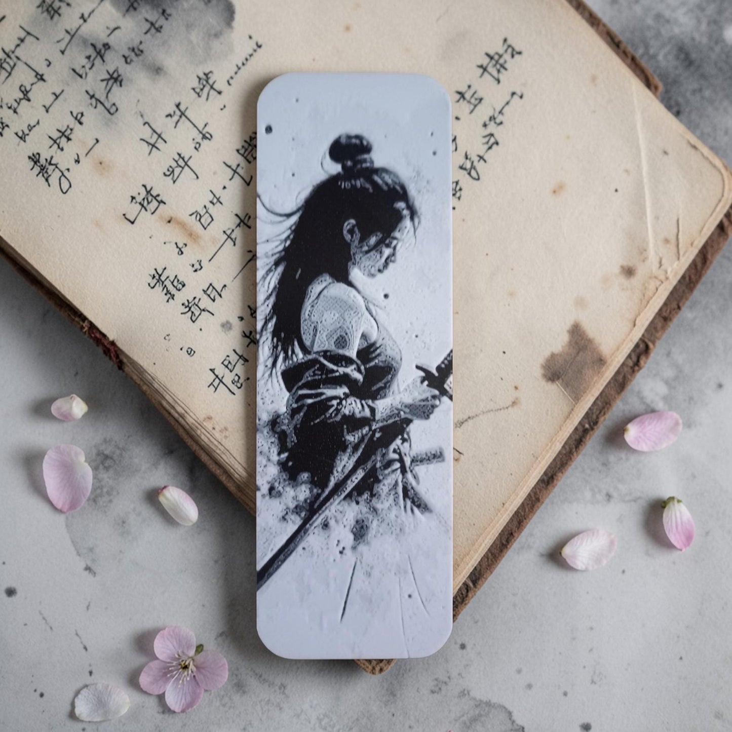 Marque-page samouraï femme style encre japonaise noir et blanc impression 3D