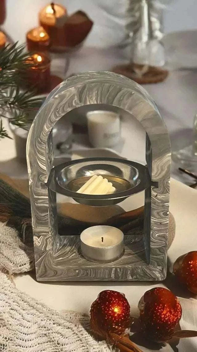 Brûleur à parfum en Jesmonite marbré noir et gris, fait main en France.