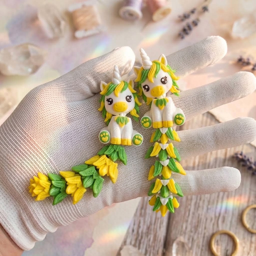 Licornes vertes et jaunes avec détails de queues articulées en impression 3D