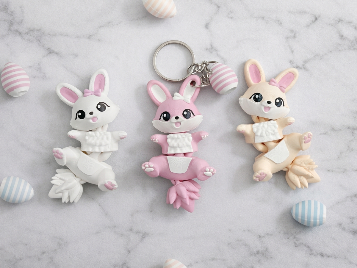 Porte-clé lapin de Pâques Fluffy Tails rose avec variantes blanche et crème sur fond marbre