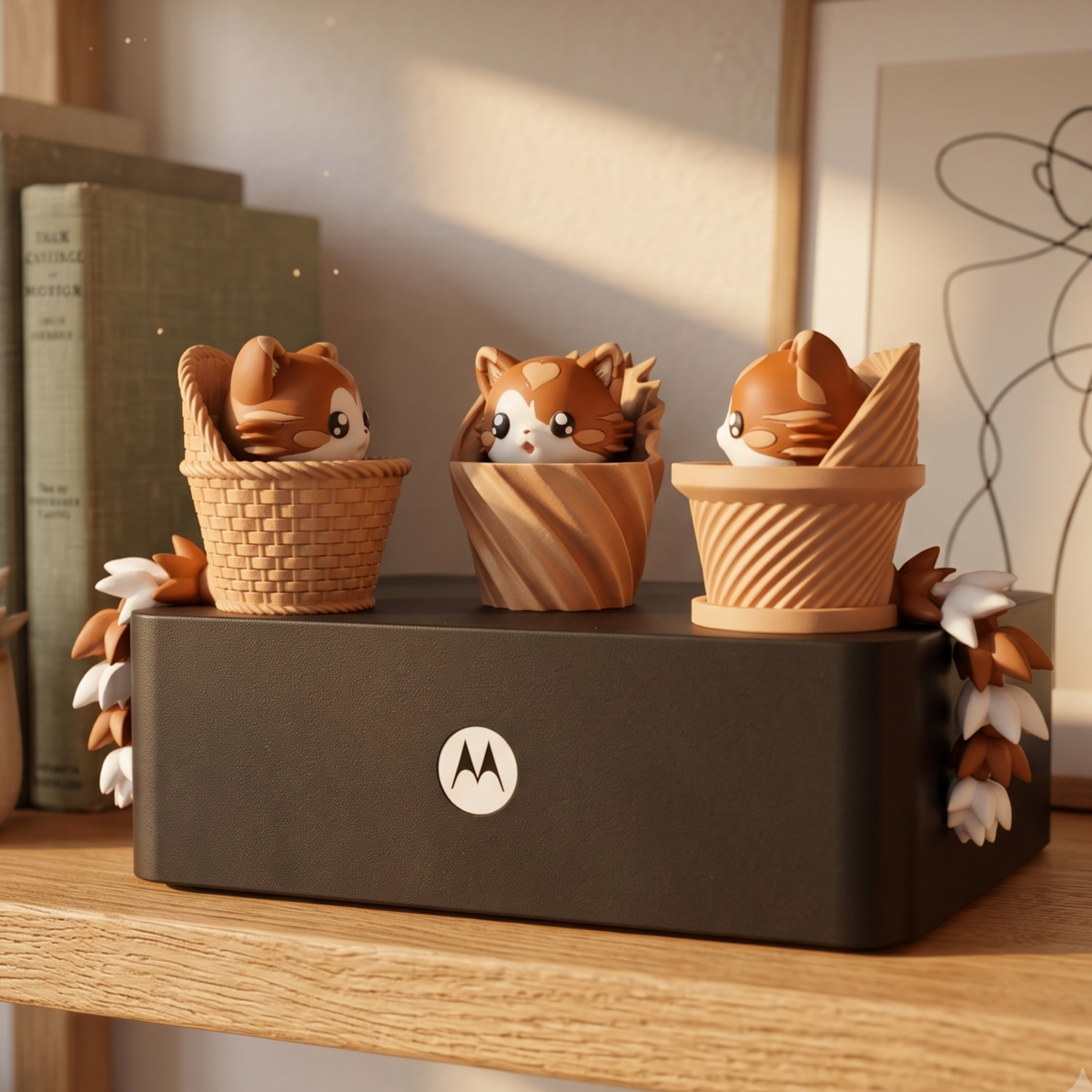 Trois chats clickers kawaii en paniers avec longues queues articulées
