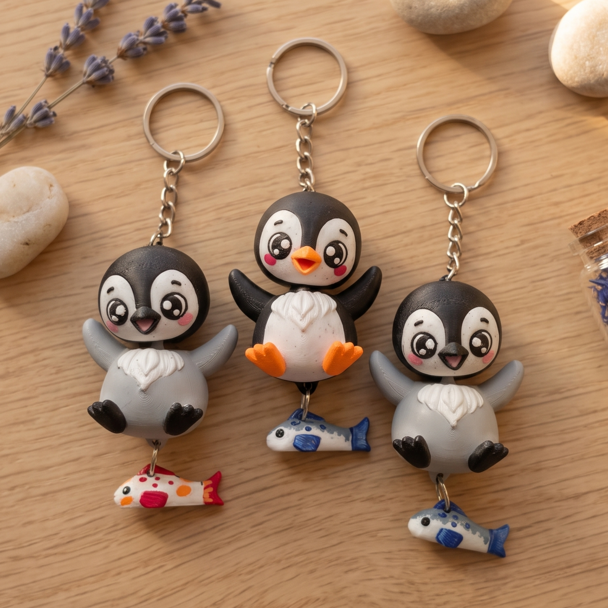 Sélection de porte-clés pingouins kawaii noirs et gris avec poissons bleu ou corail