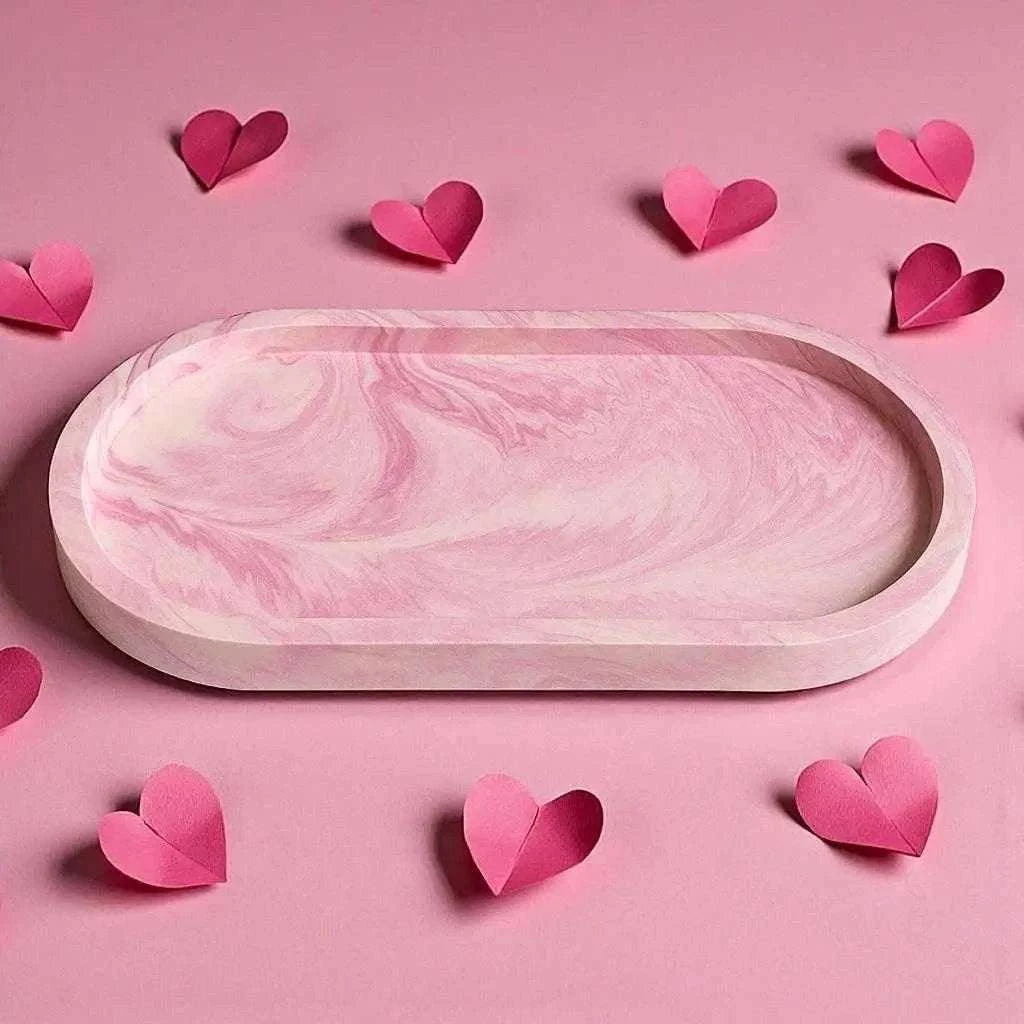 Vide-poche long en Jesmonite Rose marbré pastel