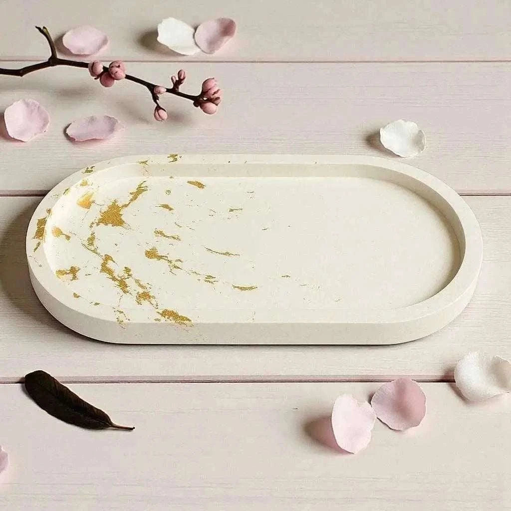 Vide-poche long en Jesmonite Blanc & feuille d’or
