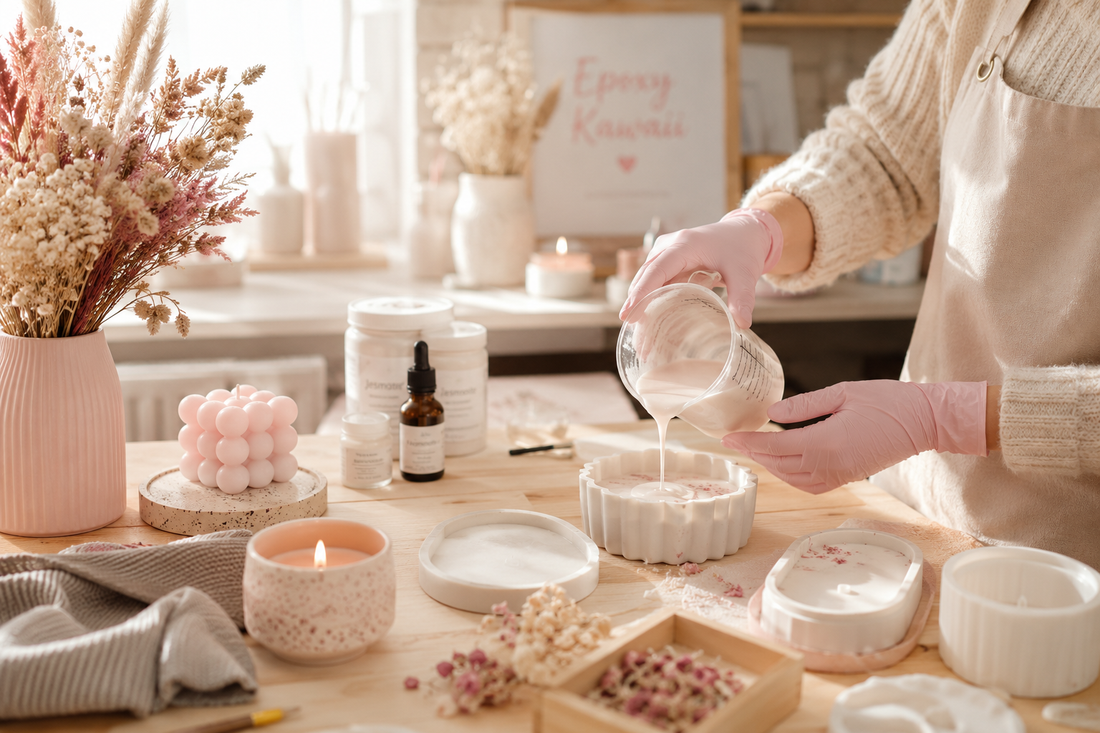 Atelier d’activités manuelles avec résine blanche versée dans un moule en silicone, décorations florales séchées, ambiance douce et nature.