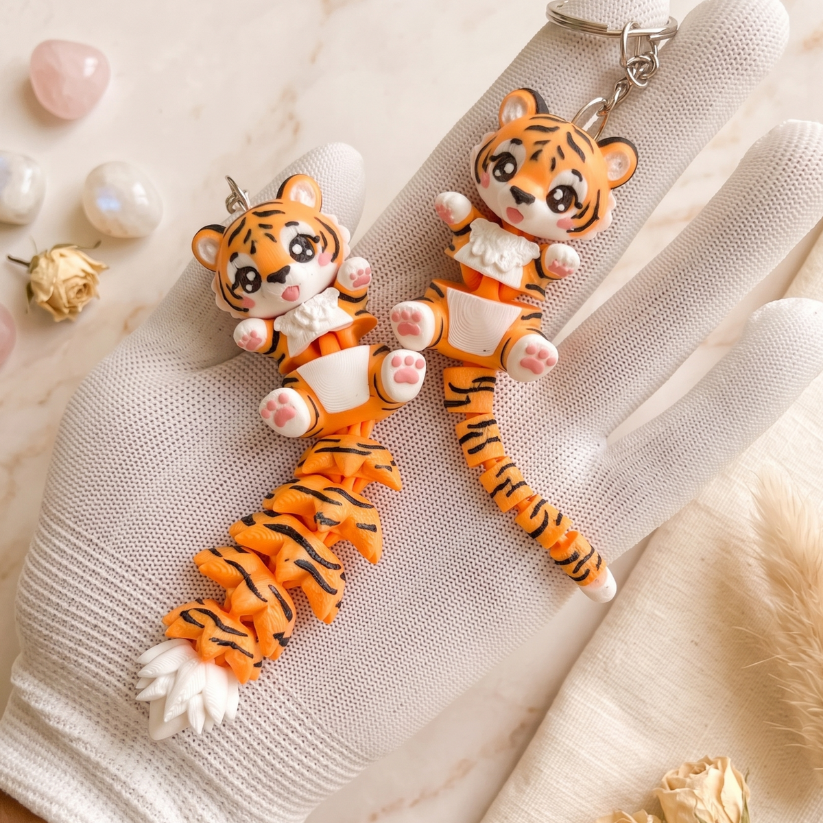 Porte-clés bébé tigre kawaii articulés en PLA tenus dans une main