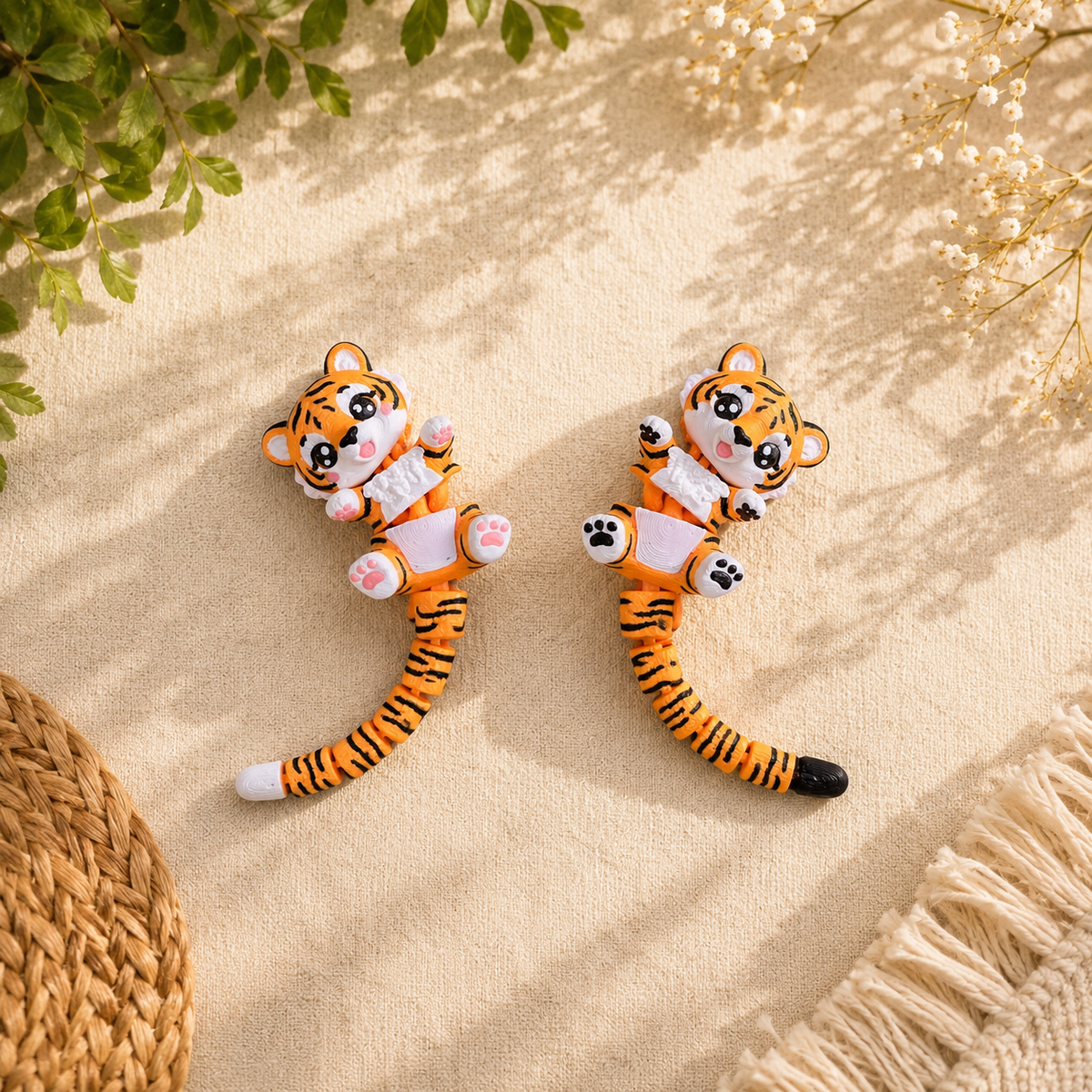 Porte-clé bébé tigre kawaii avec longue queue classique articulée