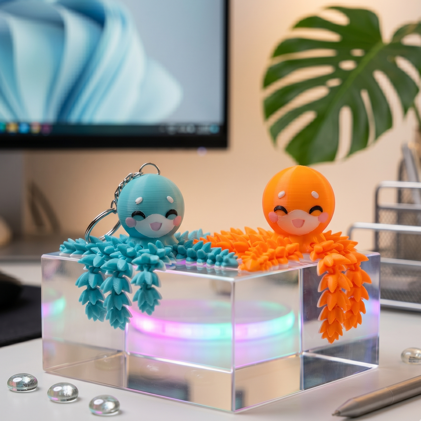 Porte-clé poulpe kawaii bleu turquoise imprimé en 3D