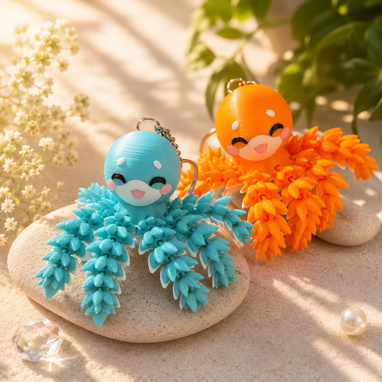 Porte-clé poulpe articulé 3D orange avec tentacules flexibles