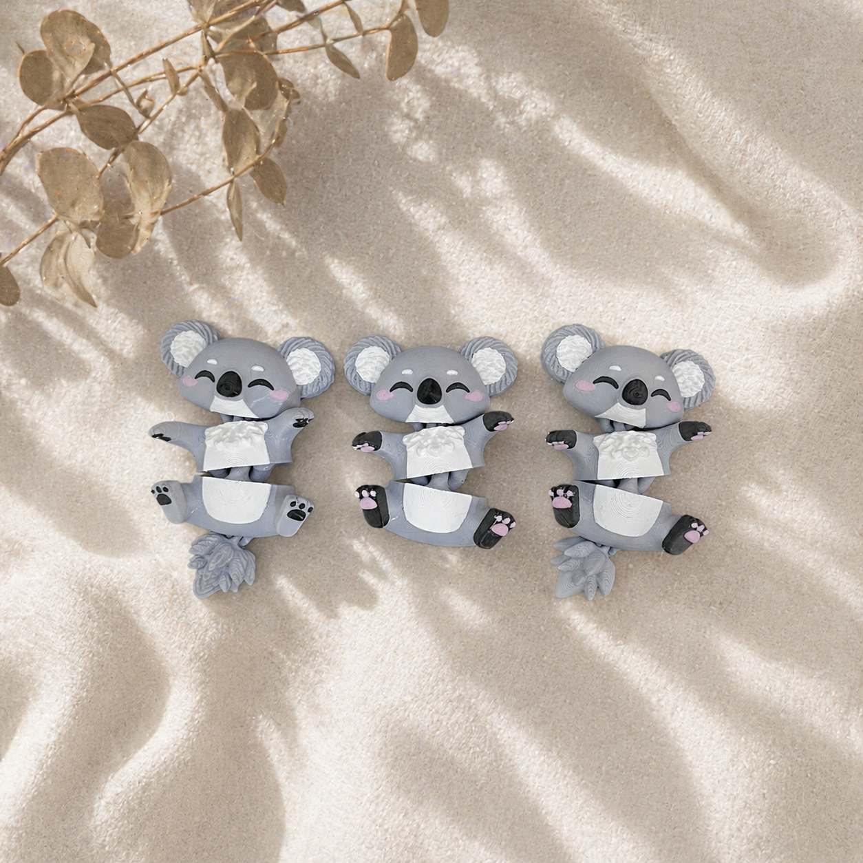 Porte-clé koala articulé 3D gris et blanc avec queue fluffy flexible