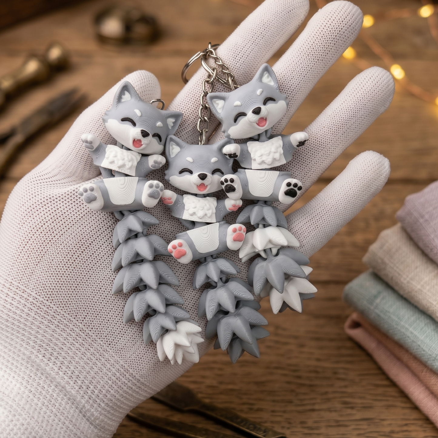 Porte-clé loup articulé 3D gris et blanc avec queue articulée et coussinets roses