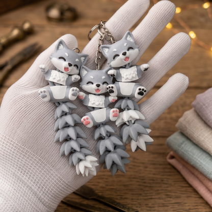Porte-clé loup articulé 3D gris et blanc avec queue articulée et coussinets roses