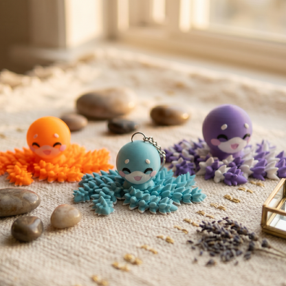 Porte-clés poulpe articulé 3D kawaii orange, turquoise et violet
