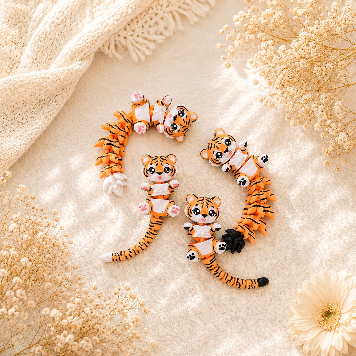 Collection de porte-clés tigres articulés 3D avec deux styles de queue