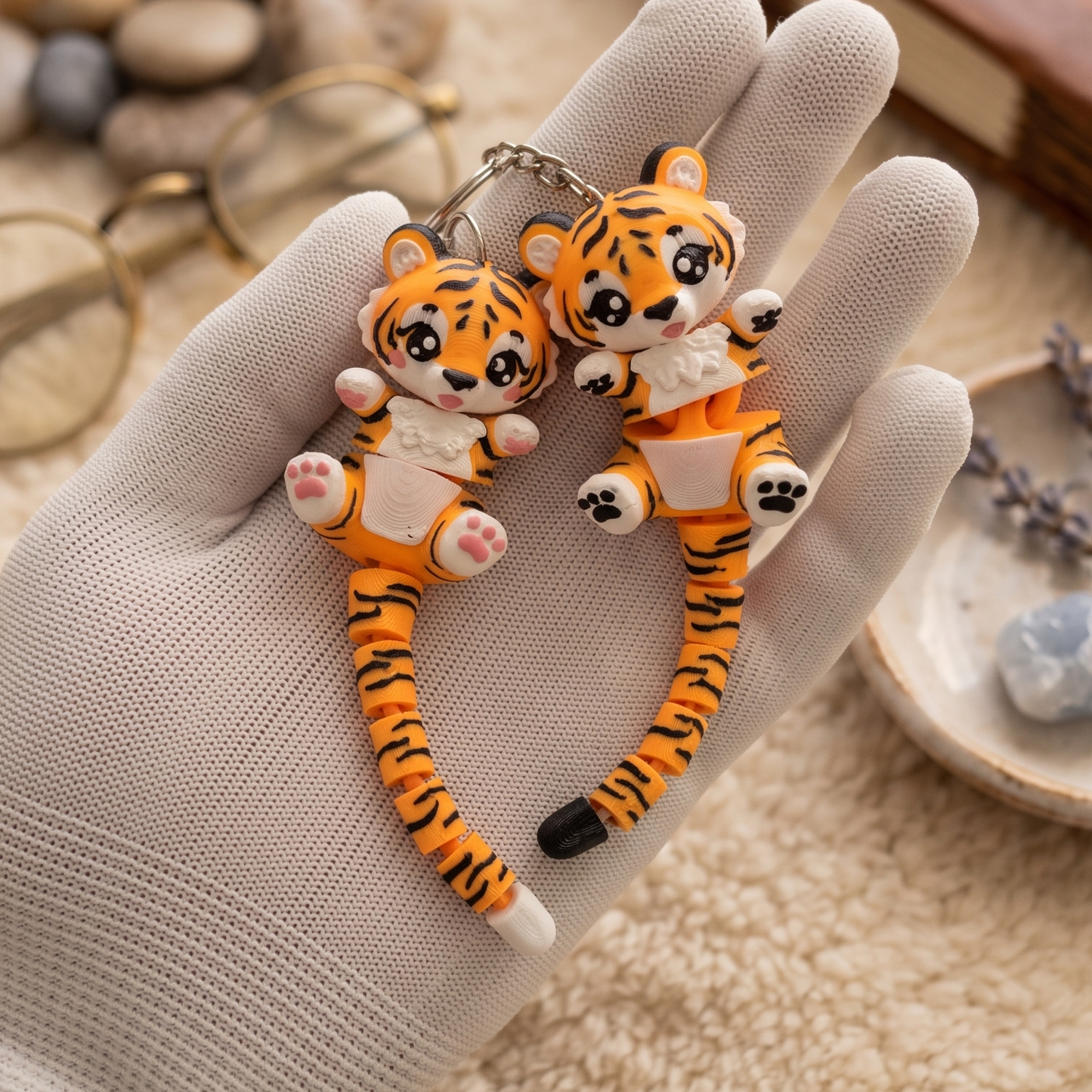Porte-clé bébé tigre kawaii avec longue queue classique articulée