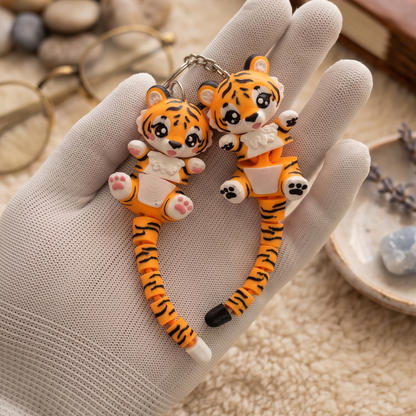 Porte-clé bébé tigre kawaii avec longue queue classique articulée