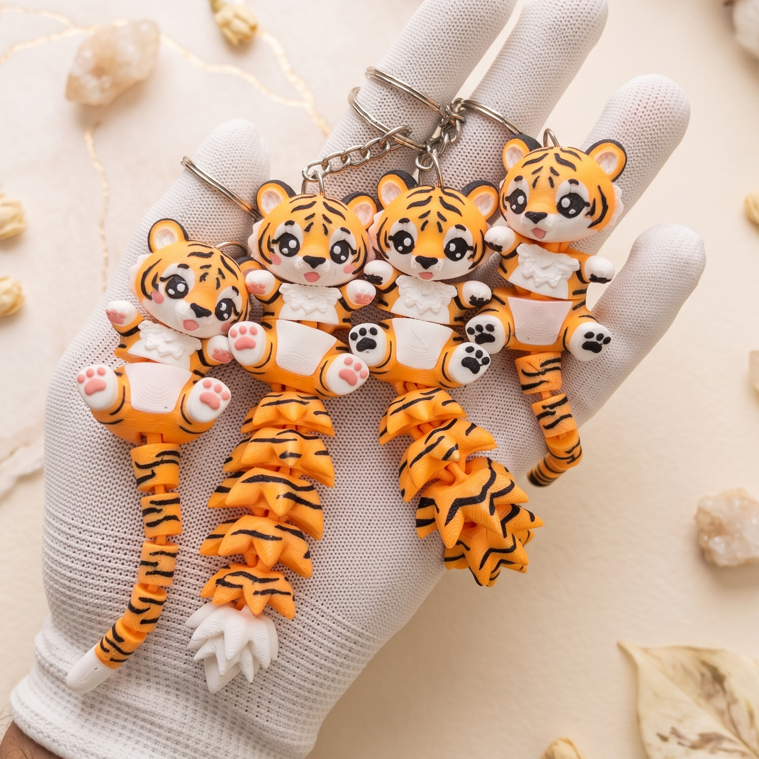 Collection de porte-clés tigres articulés 3D avec deux styles de queue