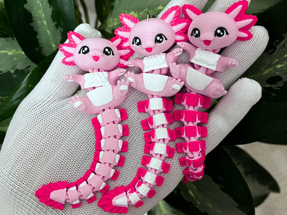 Porte-clé axolotl articulé 3D rose fuchsia et blanc avec longue queue flexible