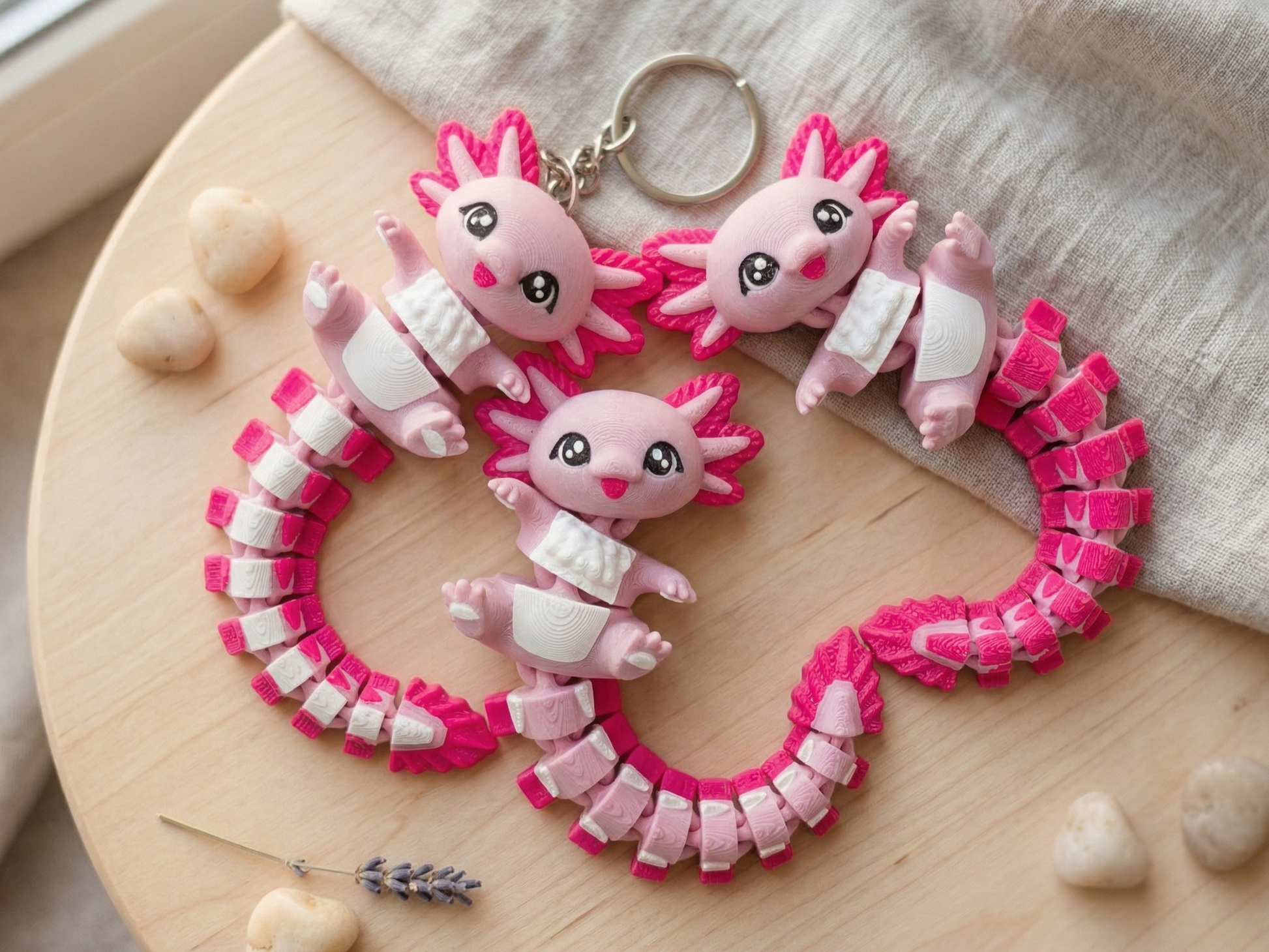 Porte-clé axolotl rose articulé 3D avec longue queue flexible