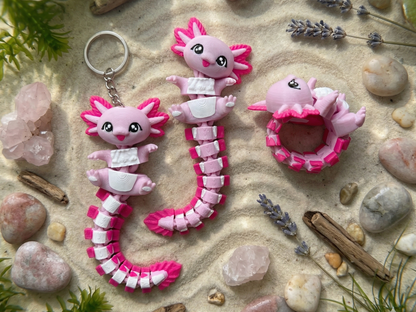 Longue queue articulée rose et blanche du porte-clé axolotl 3D