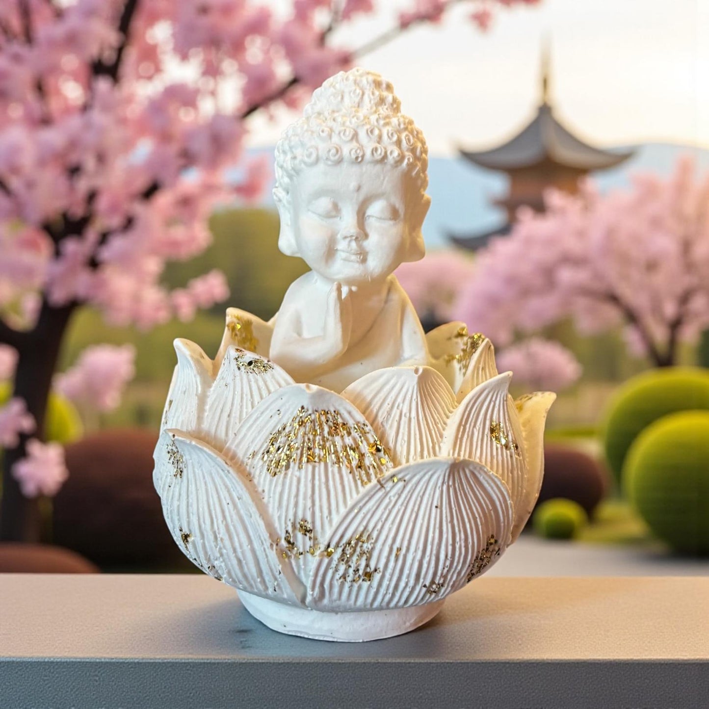 Bouddha Lotus – Blanc & feuilles dorées décoratif & diffuseur de parfum en Jesmonite. Fait main en France. Compatible avec nos fondants parfumés liquides. -20 % sur le fondant ajouté !