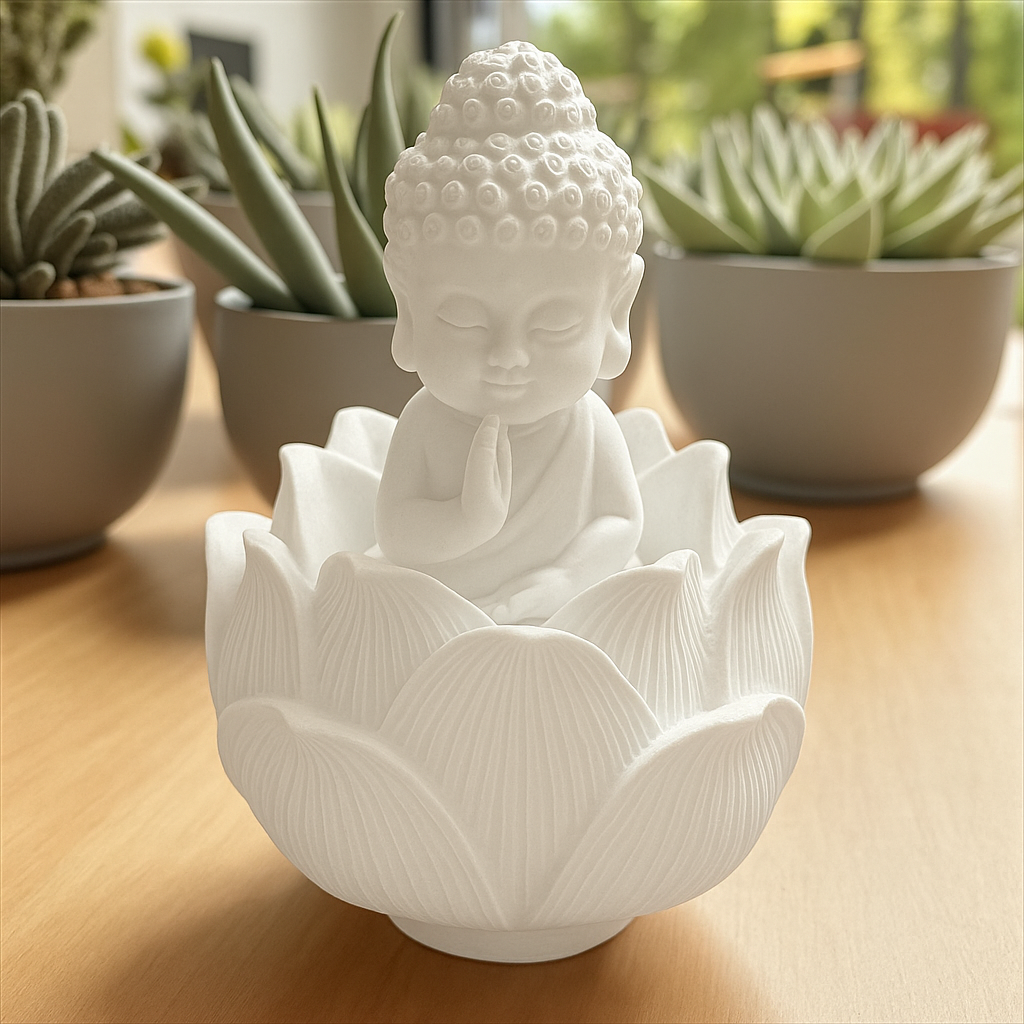 Bouddha Lotus – Blanc pur décoratif & diffuseur de parfum en Jesmonite. Fait main en France. Compatible avec nos fondants parfumés liquides. -20 % sur le fondant ajouté !