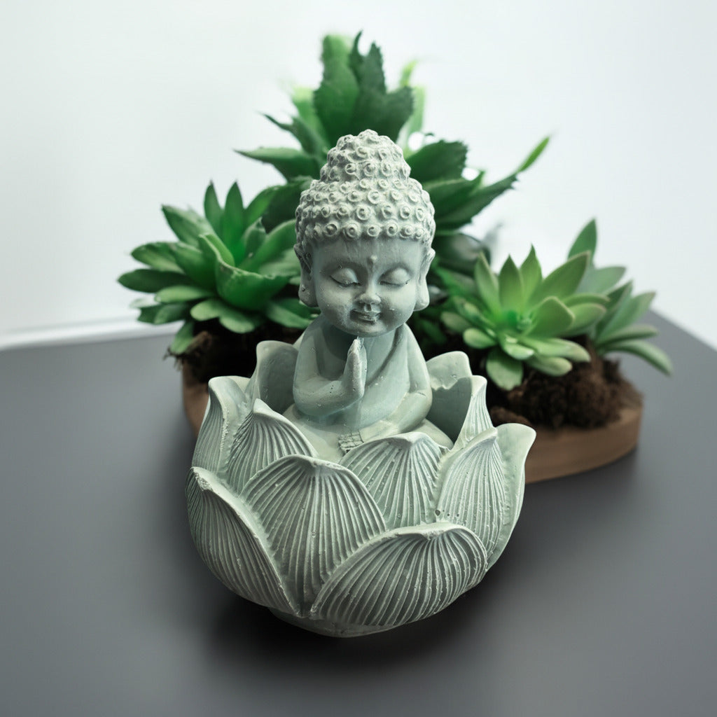 Bouddha Lotus – Vert décoratif & diffuseur de parfum en Jesmonite. Fait main en France. Compatible avec nos fondants parfumés liquides. -20 % sur le fondant ajouté !