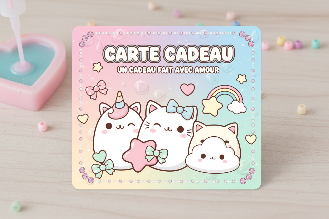 Offrez la Carte Cadeau Epoxy Kawaii : diffuseurs, vide-poches, coffrets et objets décoratifs personnalisés en Jesmonite. E-carte immédiate, valable 12 mois.