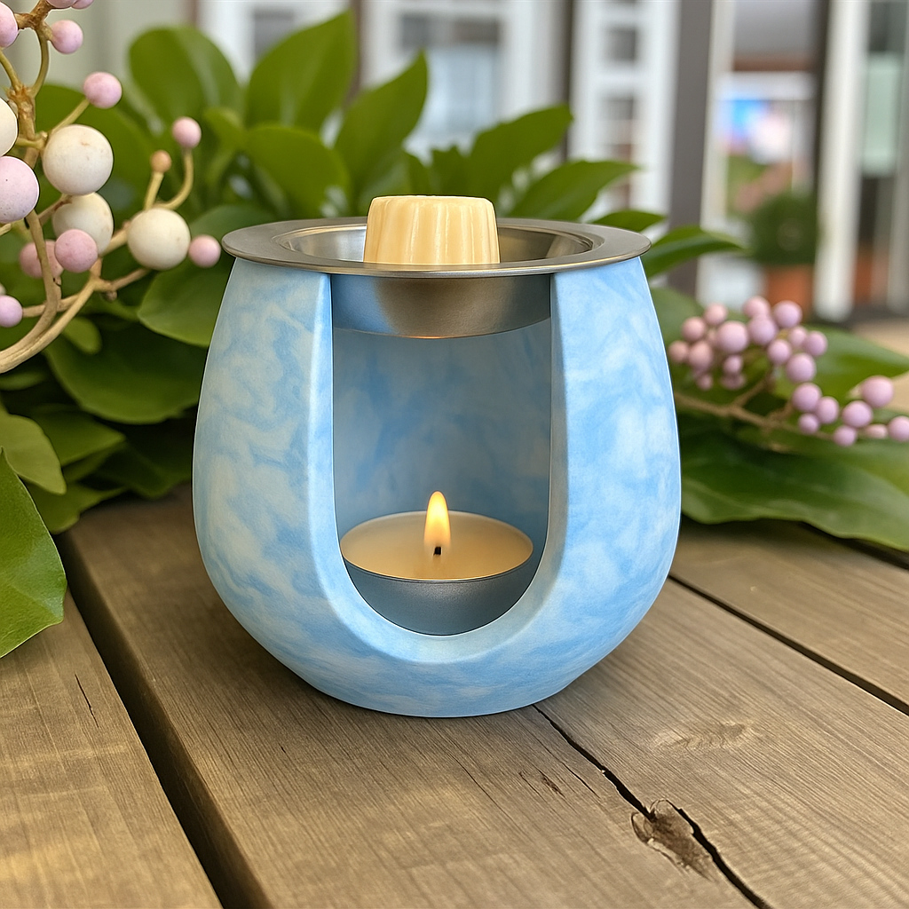 Brûleur à parfum bleu ciel effet nuage ☁️ en Jesmonite – fait main en France, ambiance douce & apaisante.