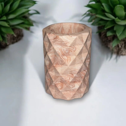 Pot en Jesmonite marbré marron et terracotta, fait main en France. Design facetté, chic et naturel – Epoxy Kawaii 🧡