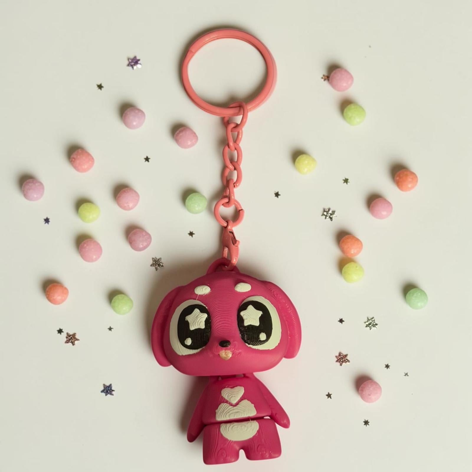Porte-clés kawaii chien rose imprimé en 3D
