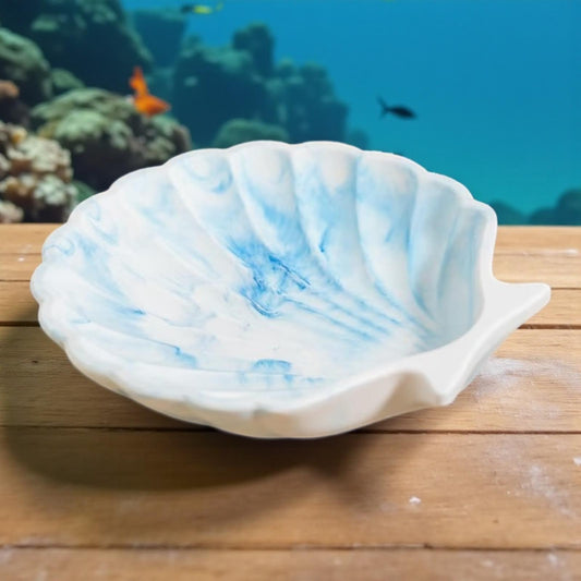 Vide-poche coquillage bleu et blanc marbré en Jesmonite fait main. Déco zen, marine et artisanale, inspirée de la mer – Epoxy Kawaii 🌊