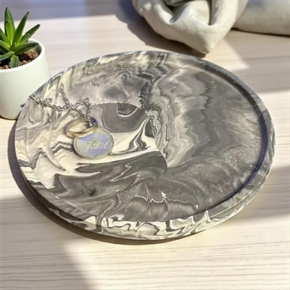 🖤 Vide-Poche Rond Marbré Noir, Blanc & Gris – Élégance minimaliste en Jesmonite Epoxy Kawaii