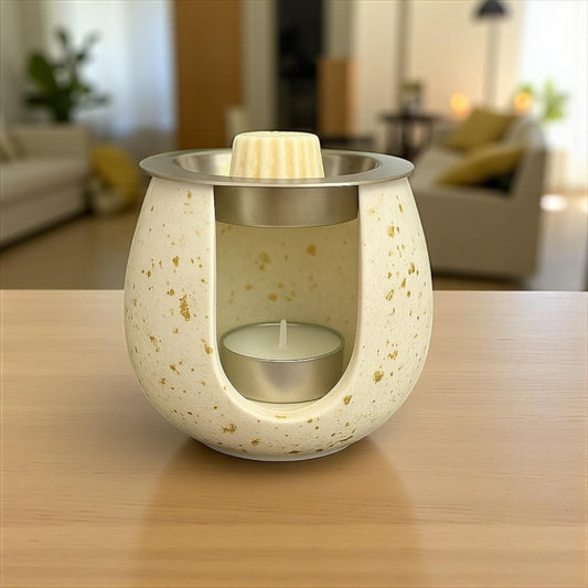 Brûleur à parfum blanc en Jesmonite avec paillettes d’or ✨ – chic, artisanal & lumineux.