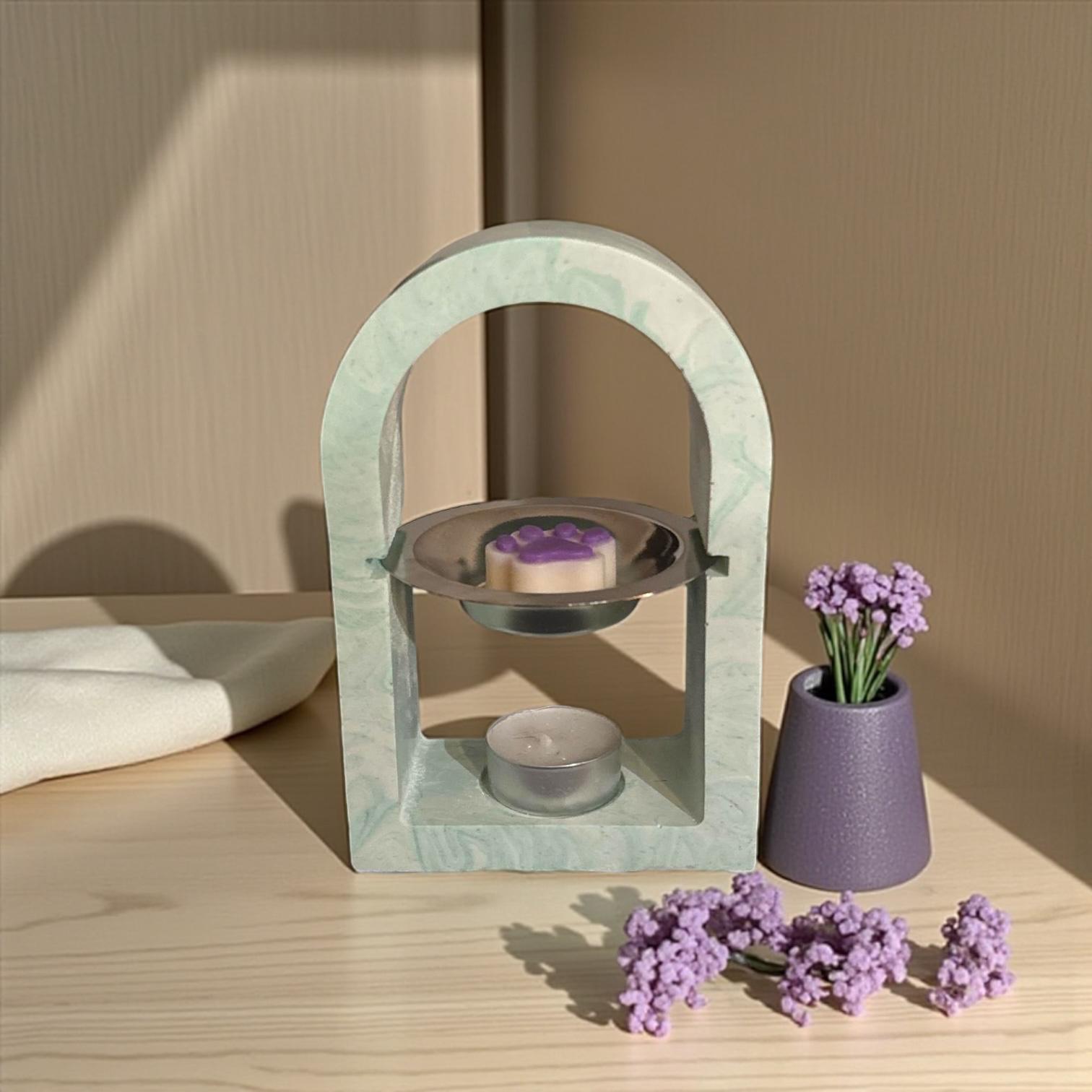 Brûleur à parfum arche vert d’eau marbré gris 🍃 – fait main en Jesmonite, ambiance fraîche & zen.