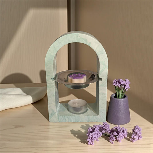 Brûleur à parfum arche vert d’eau marbré gris 🍃 – fait main en Jesmonite, ambiance fraîche & zen.