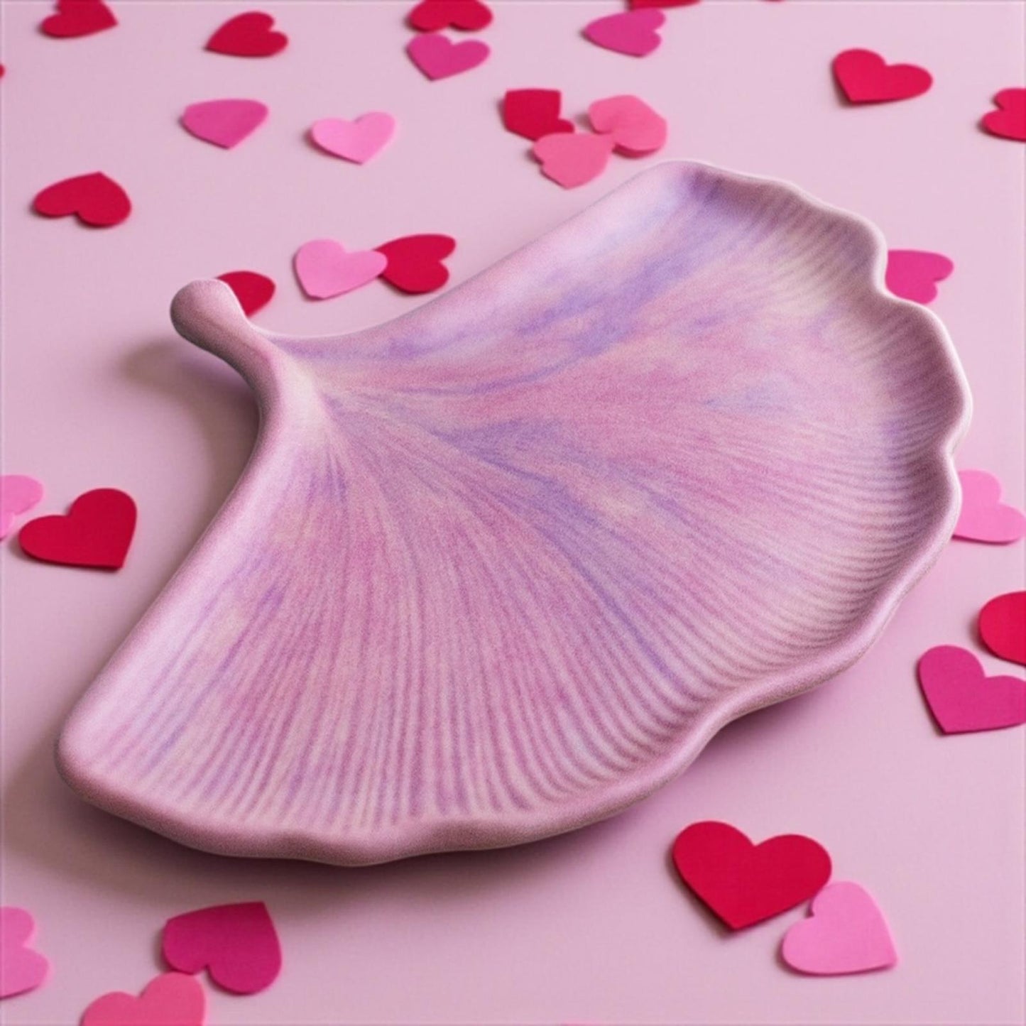 Vide-poche artisanal en Jesmonite 💖 Feuille de ginkgo rose et violet marbré pastel. Fait main en France – déco romantique et kawaii signée Epoxy Kawaii.