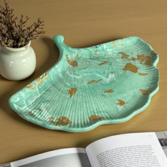 🌿 Vide-Poche Feuille de Ginkgo – Vert Marbré & Feuille Dorée Epoxy Kawaii