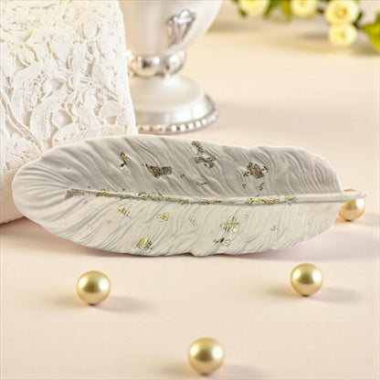 🤍 Vide-Poche Plume Blanc & Feuille Dorée – Création artisanale en Jesmonite