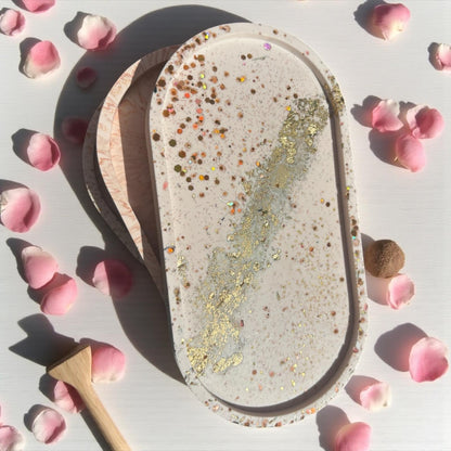 ✨ Vide-Poche Rectangulaire en Jesmonite – Rose Poudré, Paillettes & Feuille d’Or