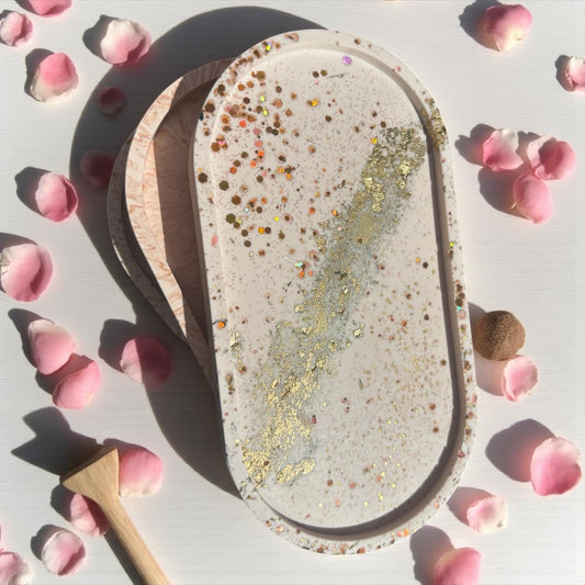 ✨ Vide-Poche Rectangulaire en Jesmonite – Rose Poudré, Paillettes & Feuille d’Or