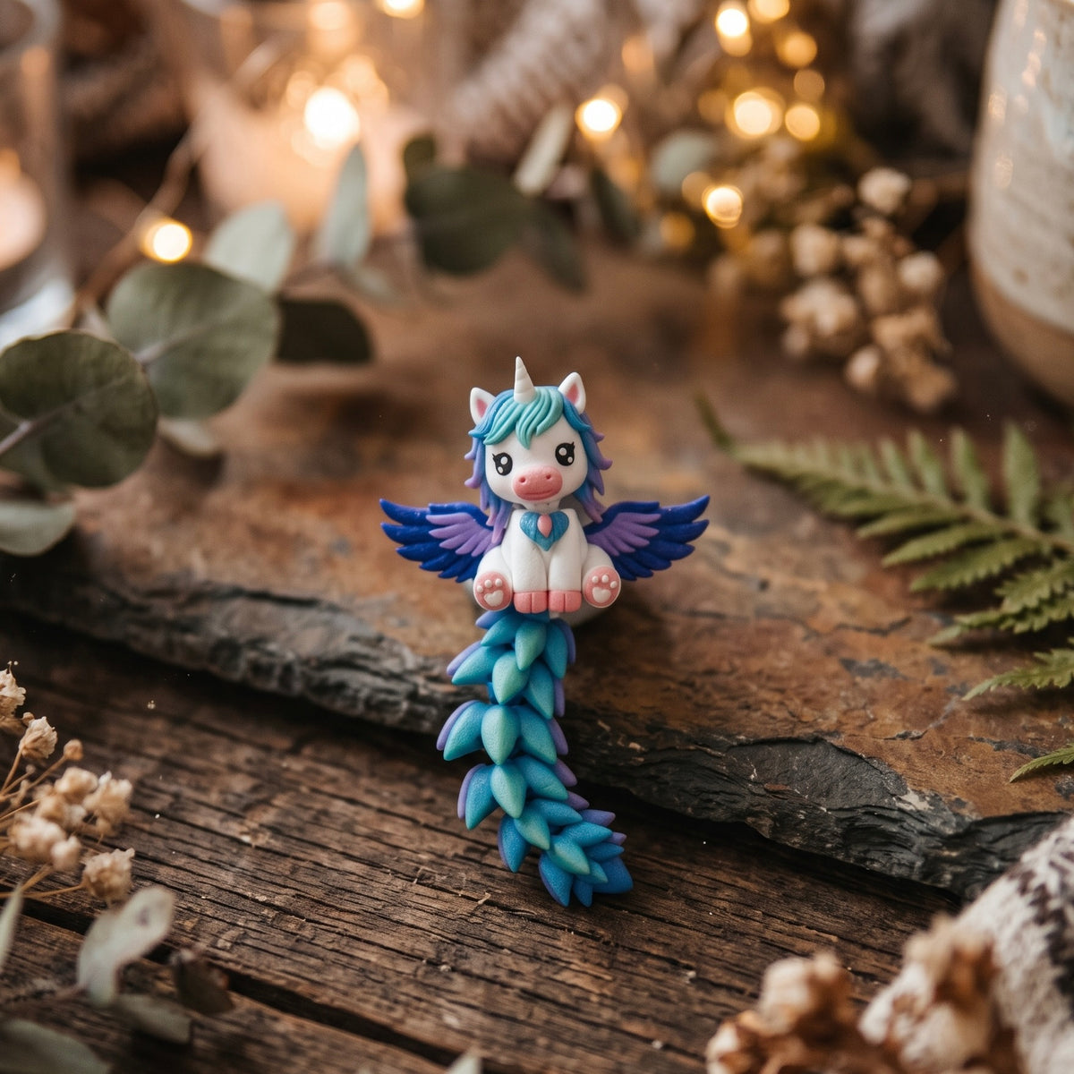 Alicorne flexi bleu turquoise et violet dans un décor féerique chaleureux