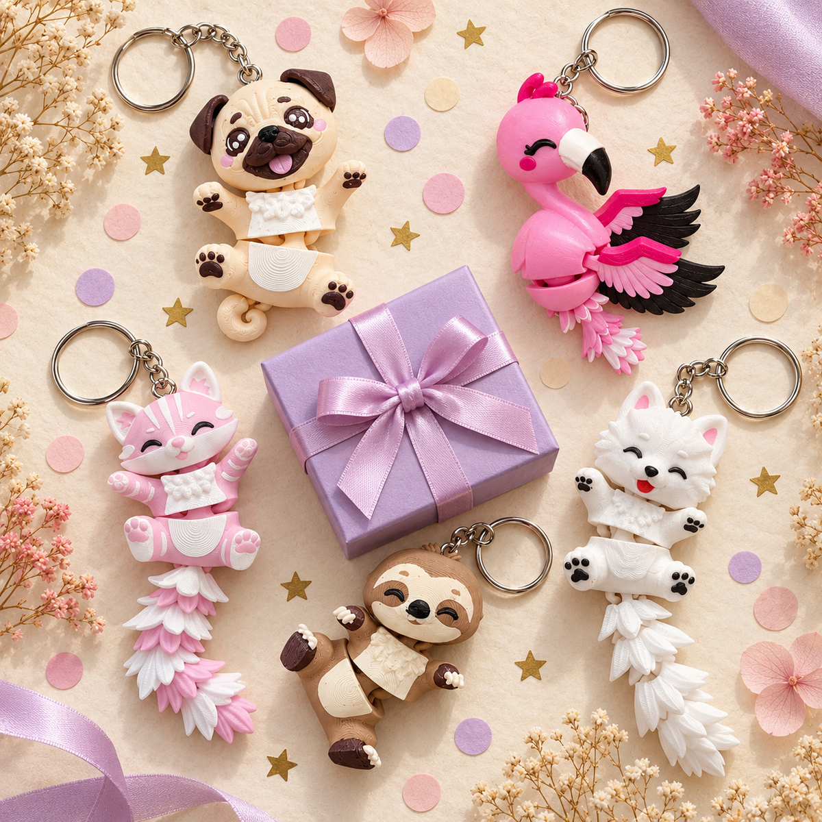 Assortiment de porte-clés animaux articulés autour d'une boîte cadeau surprise