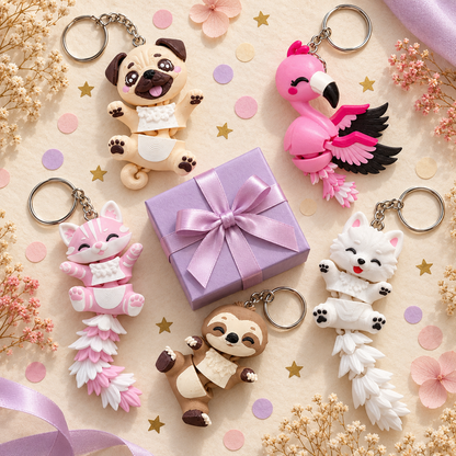 Assortiment de porte-clés animaux articulés autour d'une boîte cadeau surprise