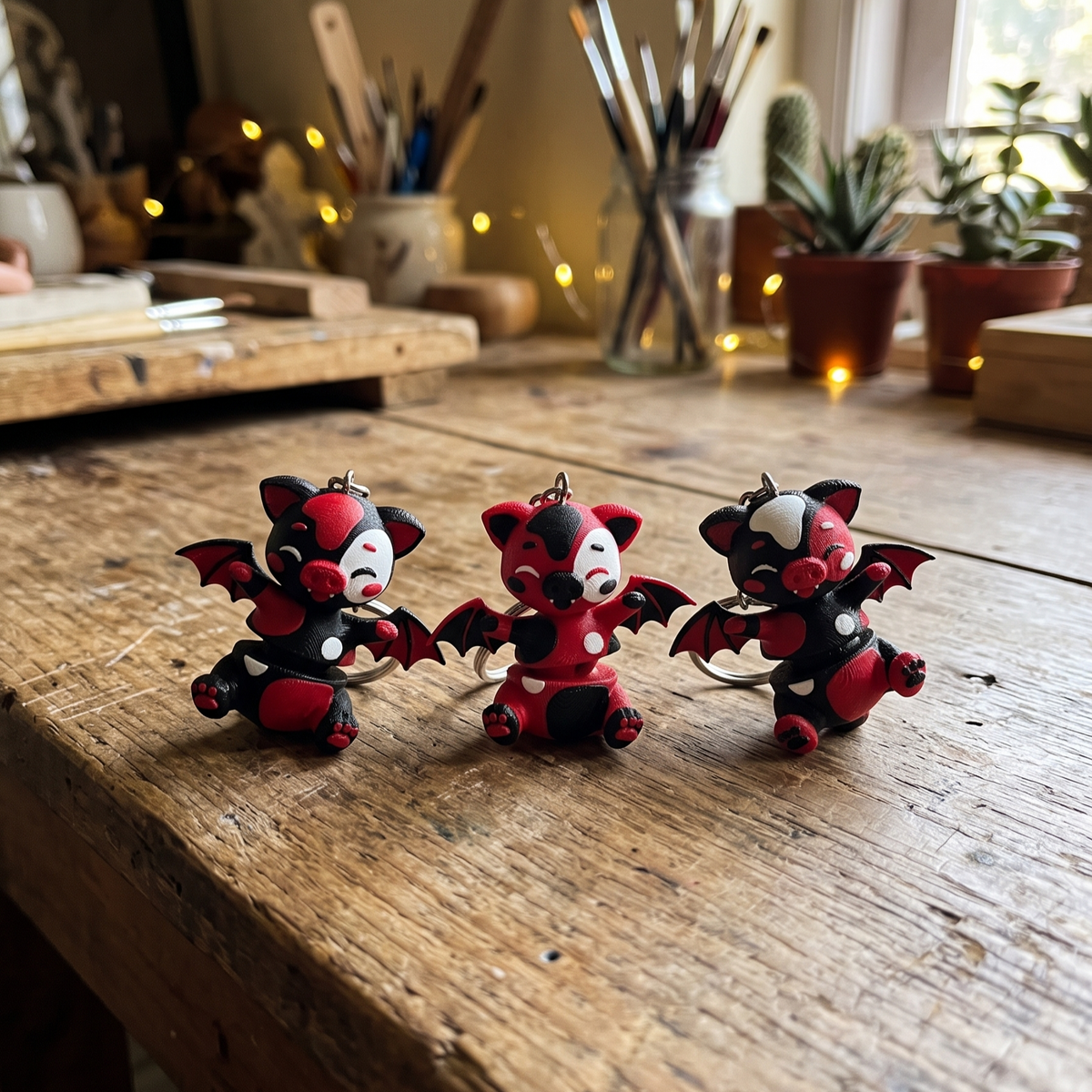 Trois porte-clés cochons chauve-souris Bat Pig Fluffy Tails sur table d’atelier