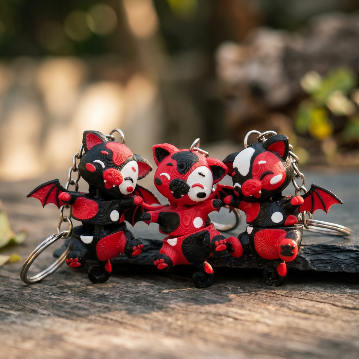 Trois porte-clés Bat Pig Fluffy Tails Halloween dans une main avec décor citrouilles
