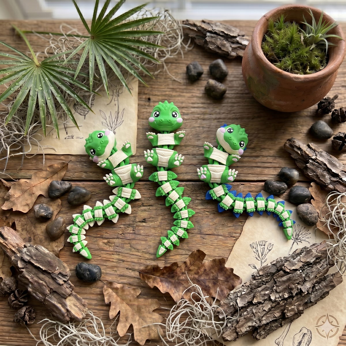 Bébés crocodiles kawaii articulés dans un décor naturel de bois et de feuillage