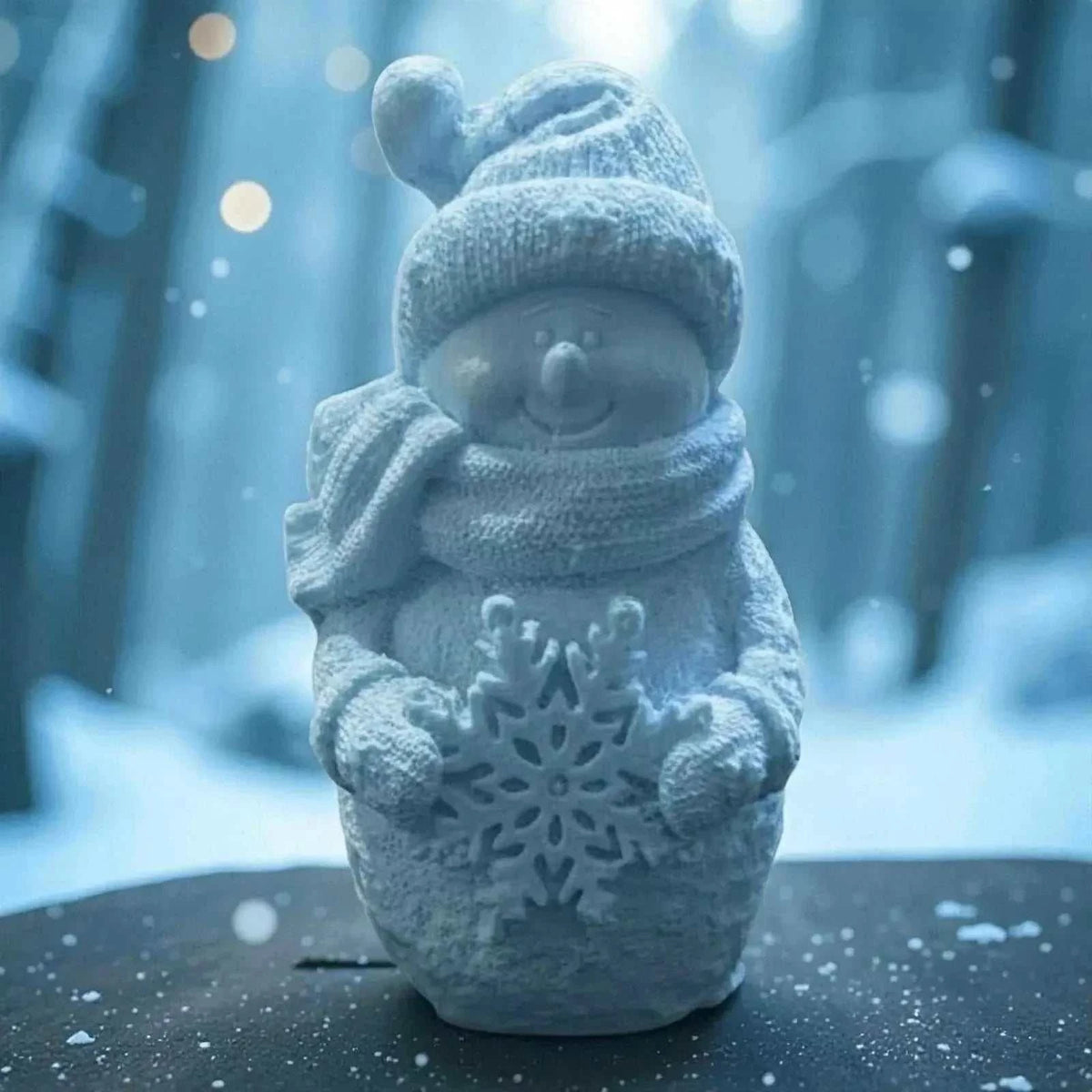 Bonhomme de Neige en Jesmonite blanc neige mat avec bonnet, écharpe et flocon de neige sculpté en relief, ambiance hivernale.