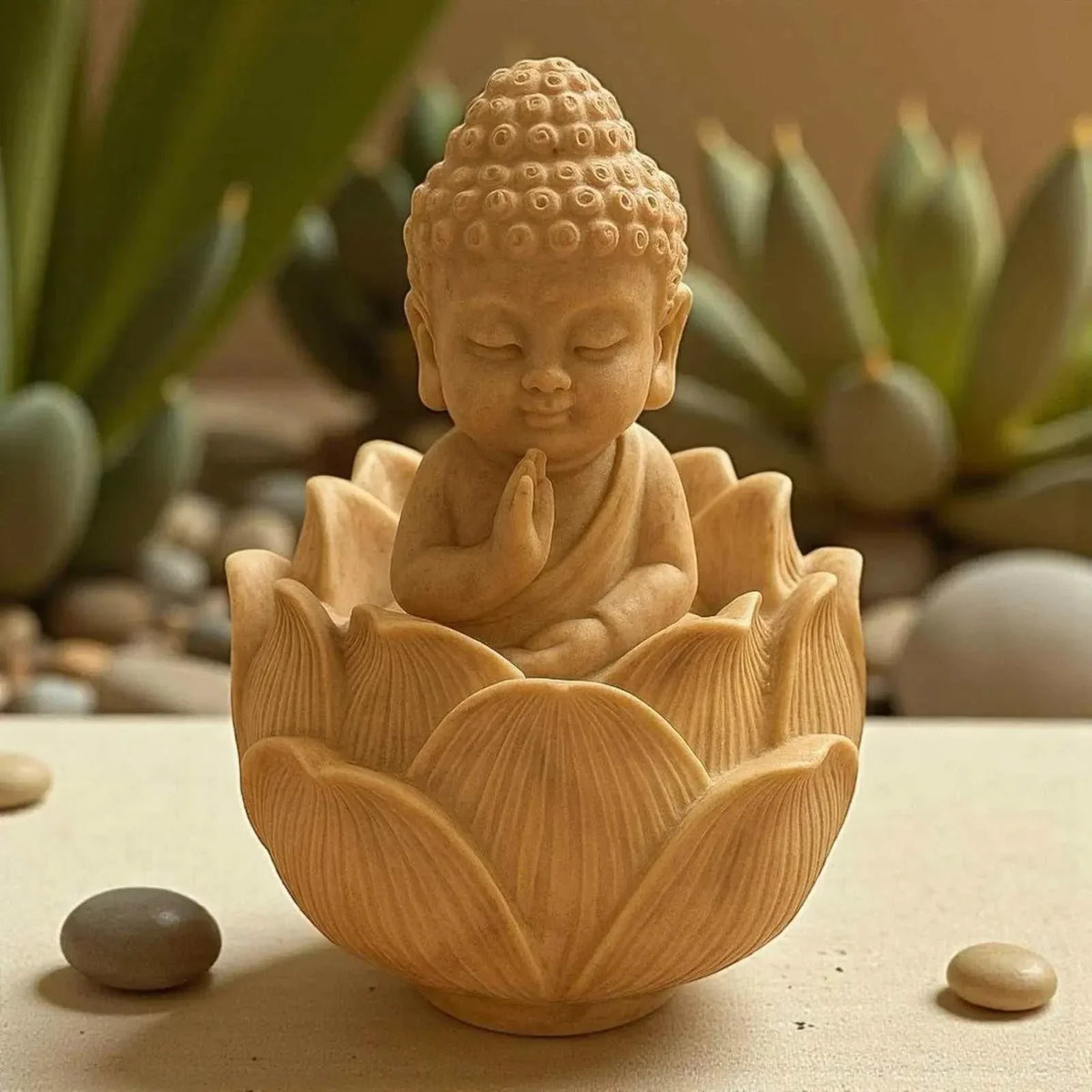 Bouddha Lotus en Jesmonite – Marron clair effet bois décoratif & diffuseur de parfum en Jesmonite. Fait main en France. Compatible avec nos fondants parfumés liquides. -20 % sur le fondant ajouté !